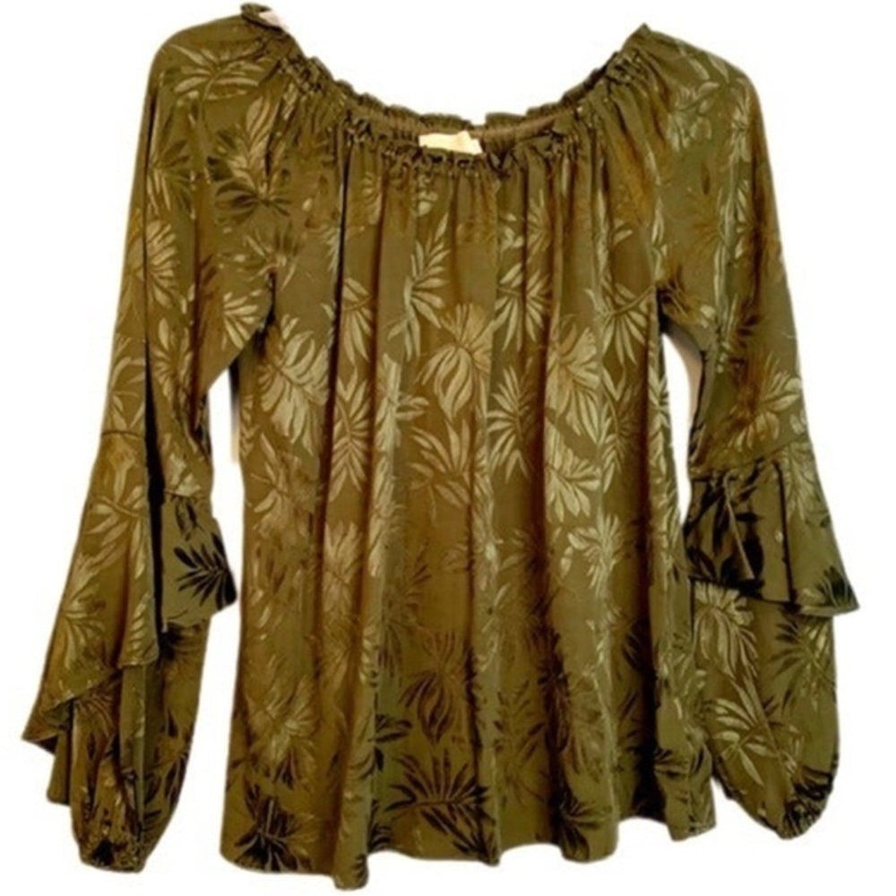Michael Kors Ruffled Yop Hunter Green stretch collar ballon sleeves Medium